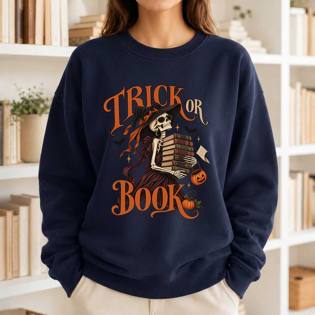 Trick Or Book Printed Sweatshirt | Halloween Book Lover Gift Navy