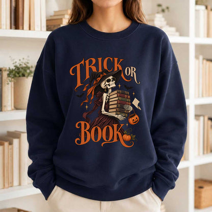 Trick Or Book Printed Sweatshirt | Halloween Book Lover Gift Navy
