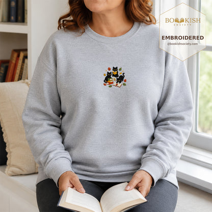 Cat Catching Leaves Embroidered Sweatshirt | Reader Gift Sport Grey