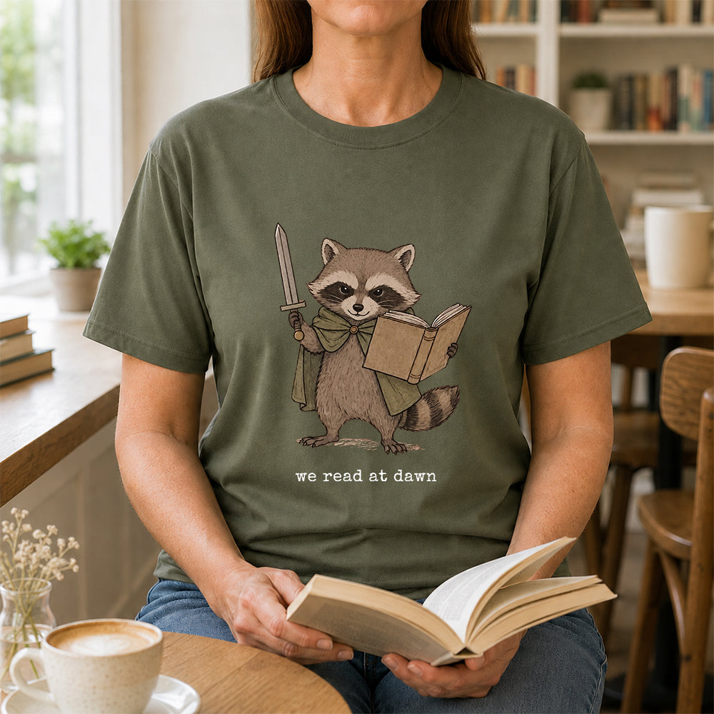 Funny Raccoon Reading Softstyle T-Shirt | Book Lover Gift Military Green