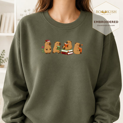 Reading Capybaras Embroidered Sweatshirt | Reader Gift Military Green