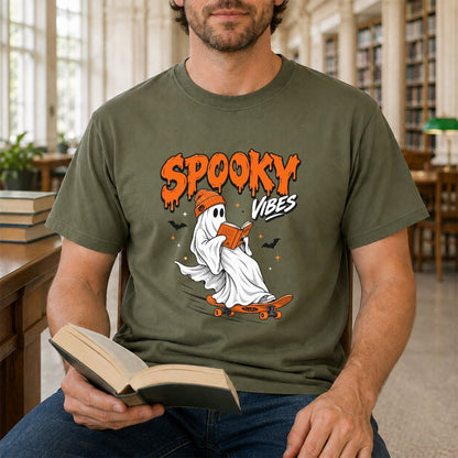 Spooky Vibes Printed T-Shirt | Halloween Book Lover Gift Military Green