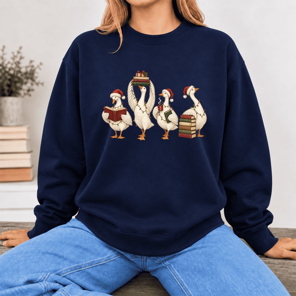 Christmas Reading Ducks Softstyle Sweatshirt | Christmas Book Lover Gift Navy