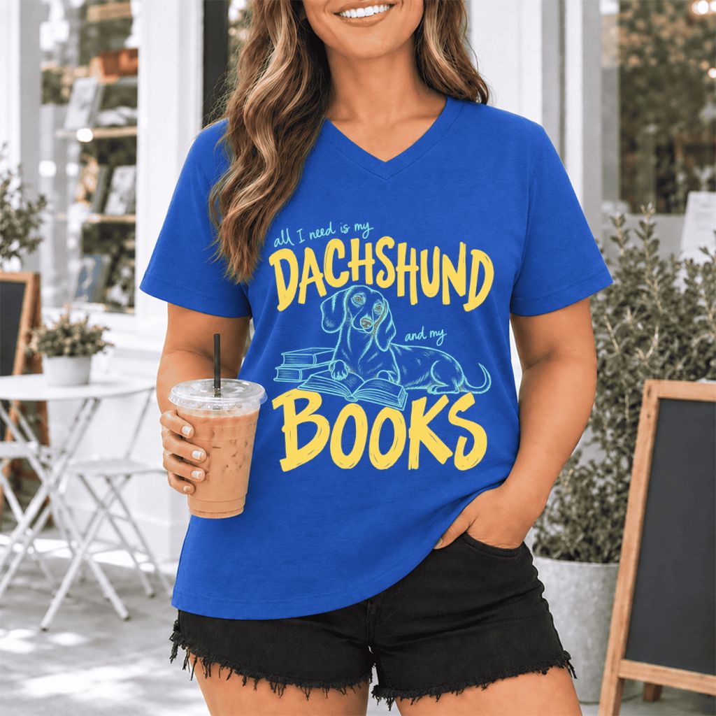 All I Need Is My Dachshund And My Books Ultra-Soft V-Neck | Dog Mom Reader Gift True Royal