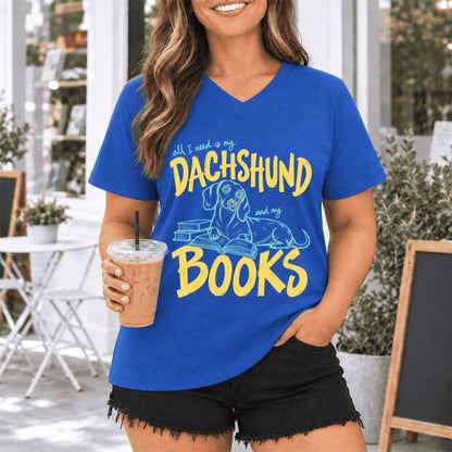 All I Need Is My Dachshund And My Books Ultra-Soft V-Neck | Dog Mom Reader Gift True Royal