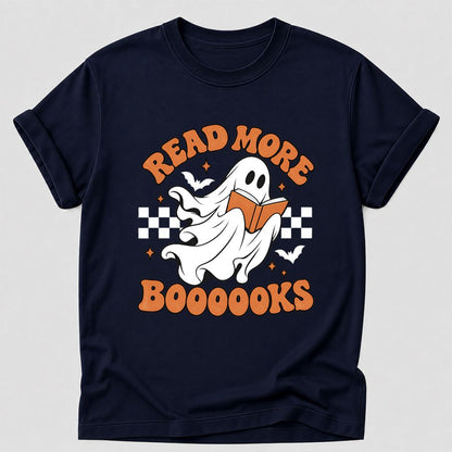 Read More Books Flying Ghost Printed T-Shirt | Halloween Book Lover Gift Navy