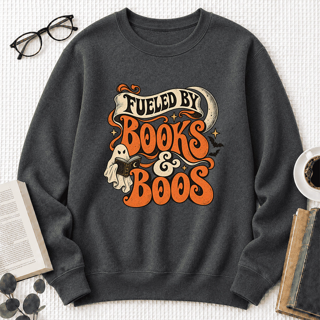 Fueled By Books & Boos Printed Sweatshirt | Halloween Book Lover Gift Dark Heather
