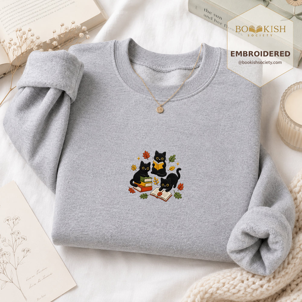 Cat Catching Leaves Embroidered Sweatshirt | Reader Gift Sport Grey