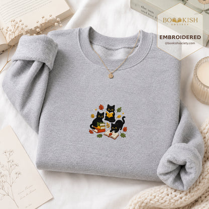Cat Catching Leaves Embroidered Sweatshirt | Reader Gift Sport Grey