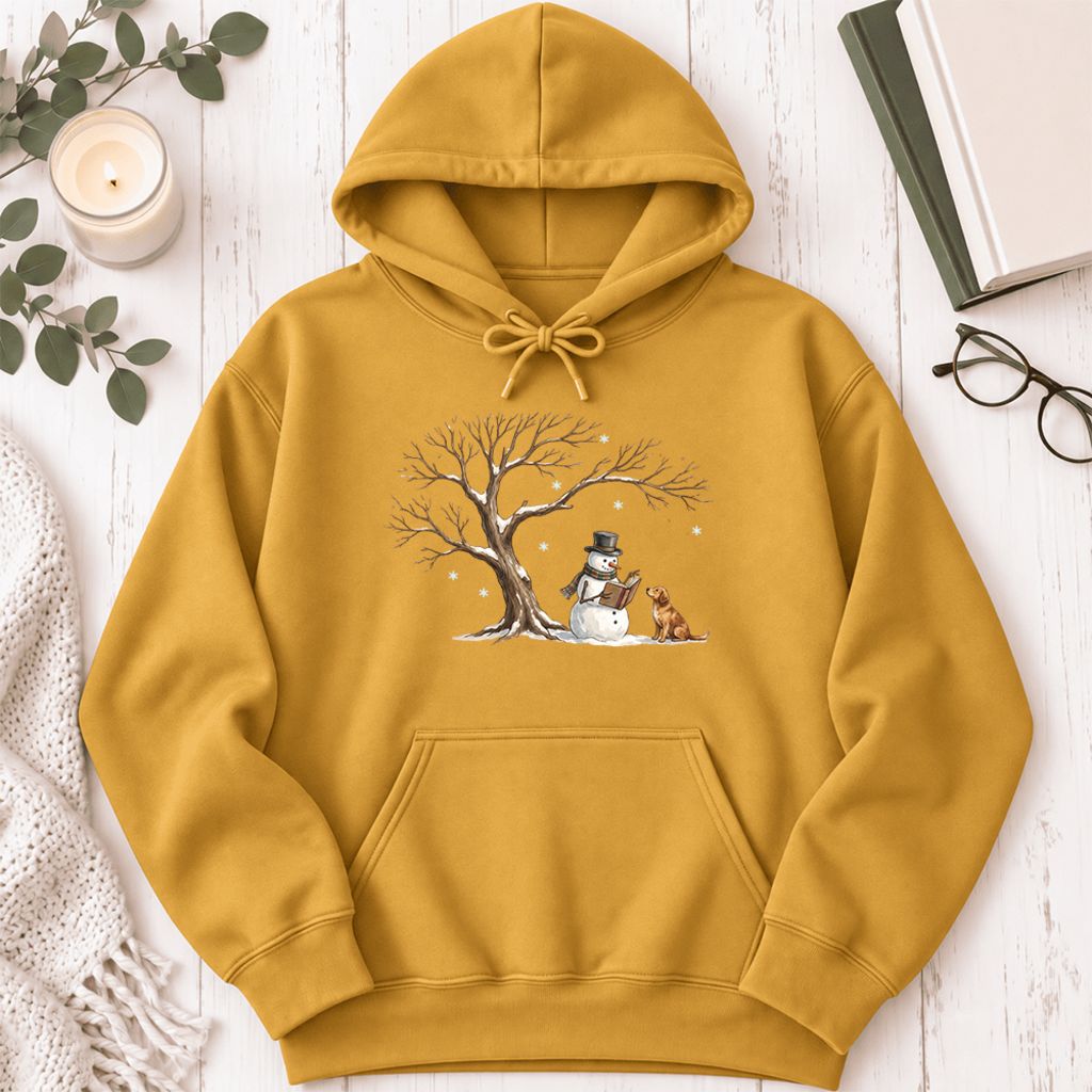 Golden Retriever And Snowman Under Tree Softstyle Hoodie | Christmas Reader Gift Mustard