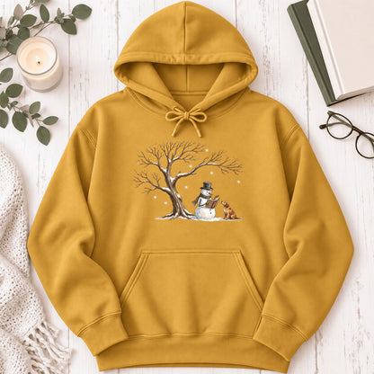 Golden Retriever And Snowman Under Tree Softstyle Hoodie | Christmas Reader Gift Mustard