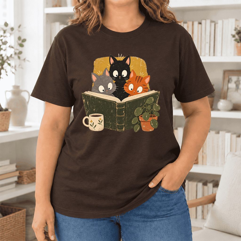 Curious Reading Cats Ultra-Soft Cotton T-Shirt | Cat Lover Reader Gift Brown