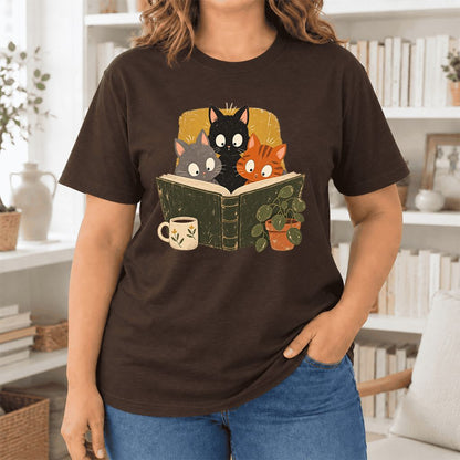 Curious Reading Cats Ultra-Soft Cotton T-Shirt | Cat Lover Reader Gift Brown