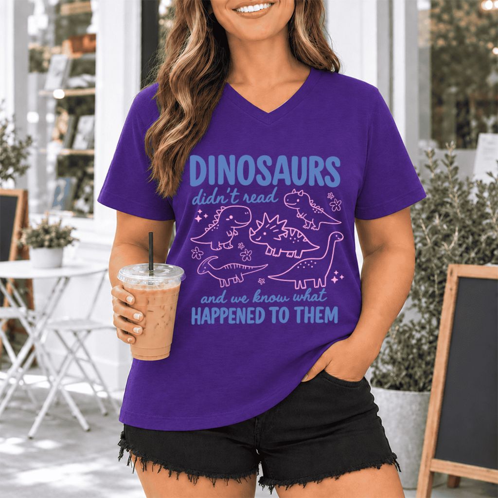 Dinosaurs Didn'T Read Ultra-Soft V-Neck | Funny Book Lover Gift Team Purple
