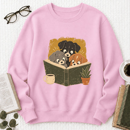 Minimal Japanese Dogs Reading Crewneck Sweatshirt | Reader Gift Light Pink