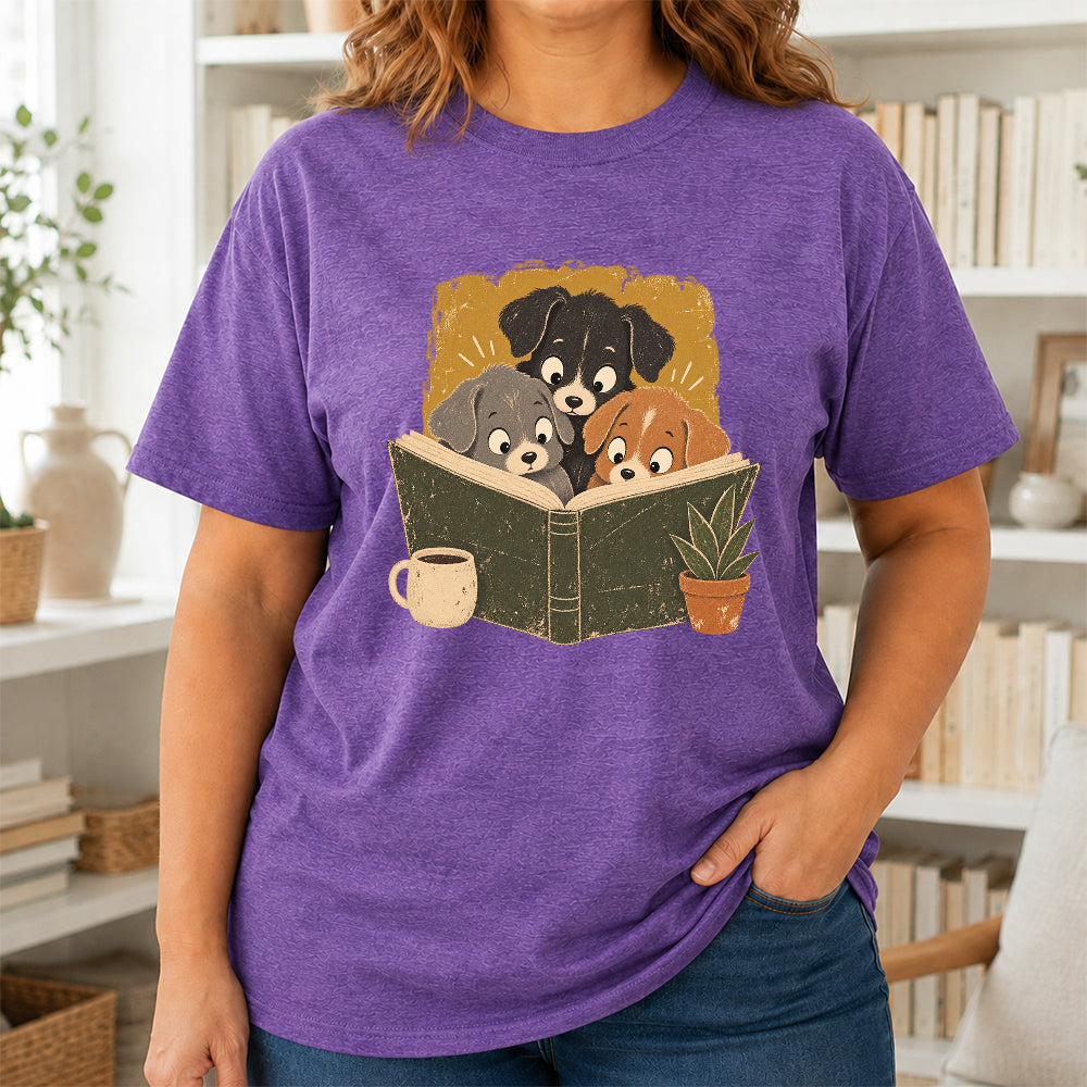 Minimal Japanese Dogs Reading Softstyle T-Shirt | Book Lover Gift Heather Purple