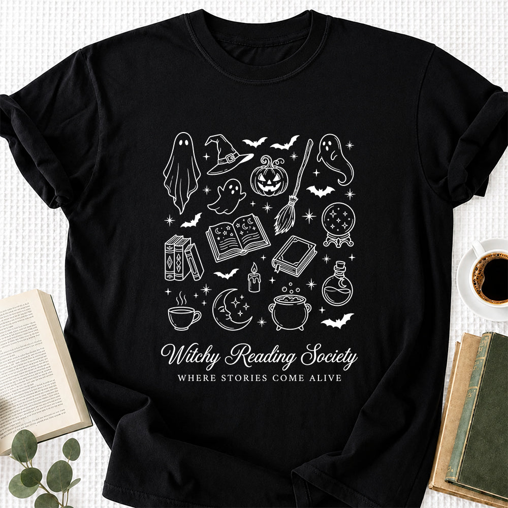 Witchy Reading Society Printed T-Shirt | Halloween Reader Gift Black