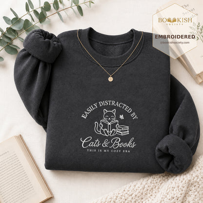 Easily Distracted By Cats And Books V2 Embroidered Sweatshirt | Reader Gift Dark Heather