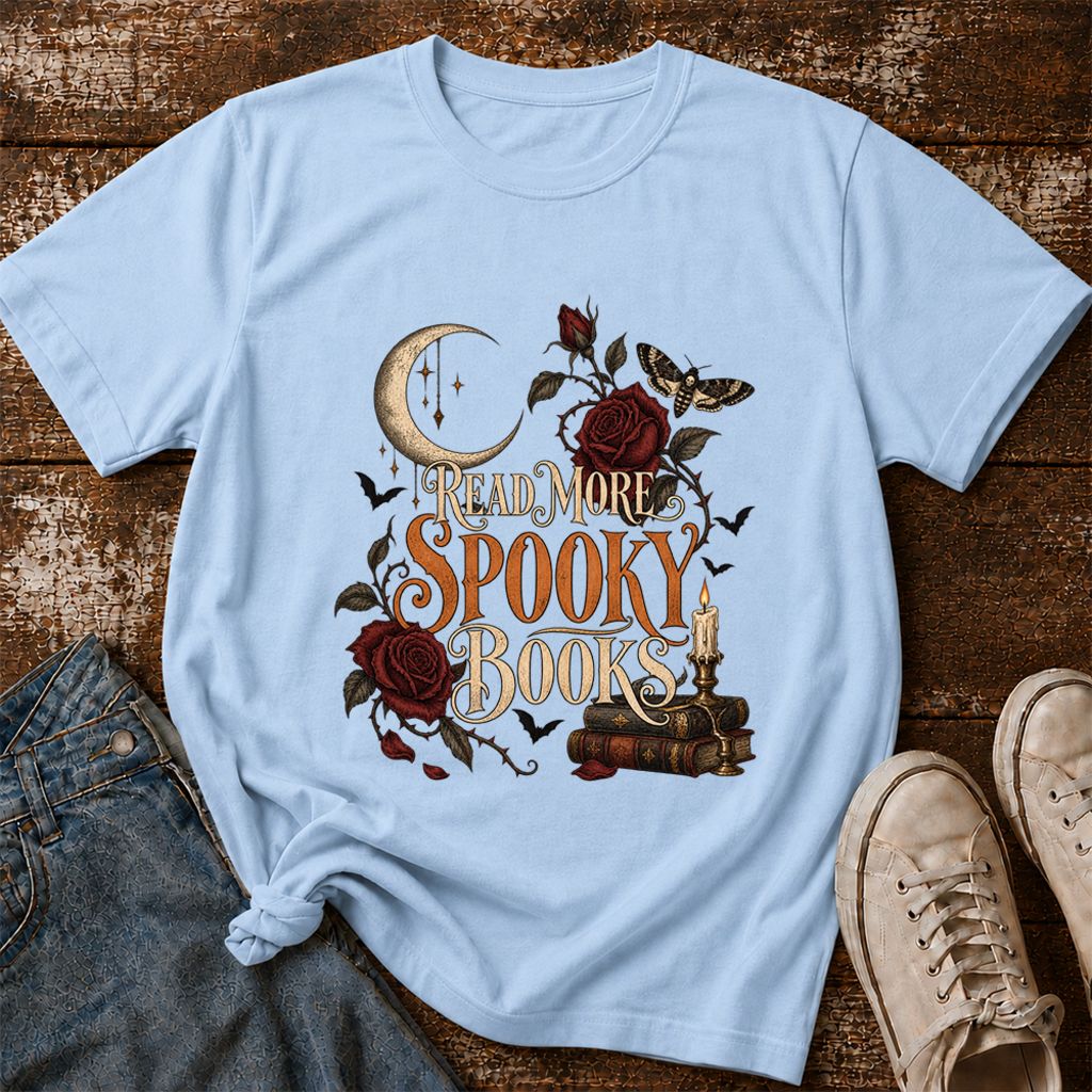 Read More Spooky Books Printed T-Shirt | Halloween Book Lover Gift Light Blue