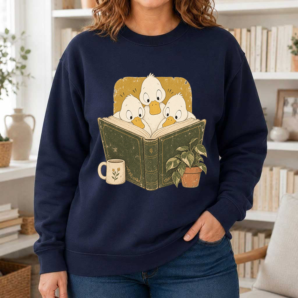 Minimal Japanese Ducks Reading Crewneck Sweatshirt | Reader Gift Navy