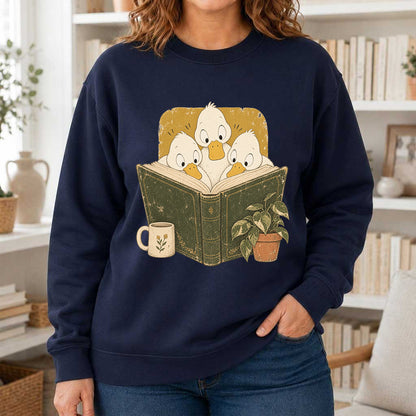 Minimal Japanese Ducks Reading Crewneck Sweatshirt | Reader Gift Navy