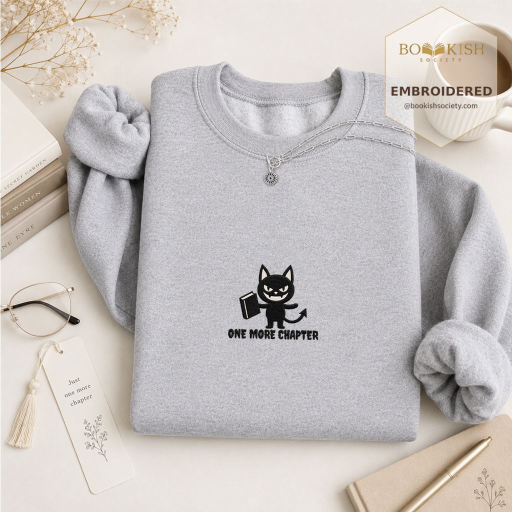 One More Chapter Devil Cat Embroidered Sweatshirt | Halloween Book Lover Gift Sport Grey