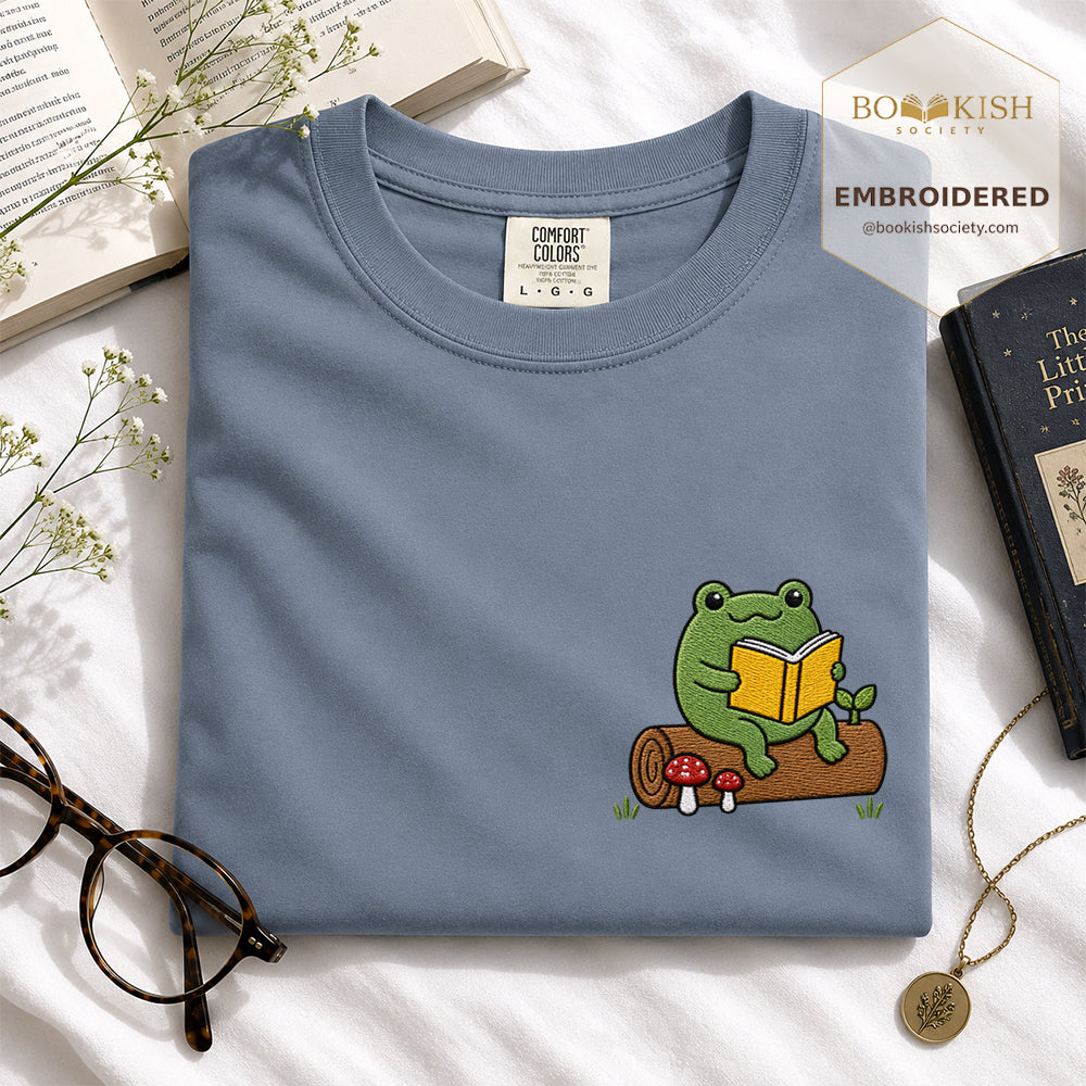 Embroidered Frog on Log Reading Book Comfort Color® T-shirt Book Lover Gift Blue Jean