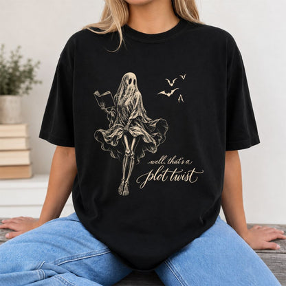Funny Dress-Wearing Bookworm Ghost Printed T-Shirt | Halloween Book Lover Gift Black