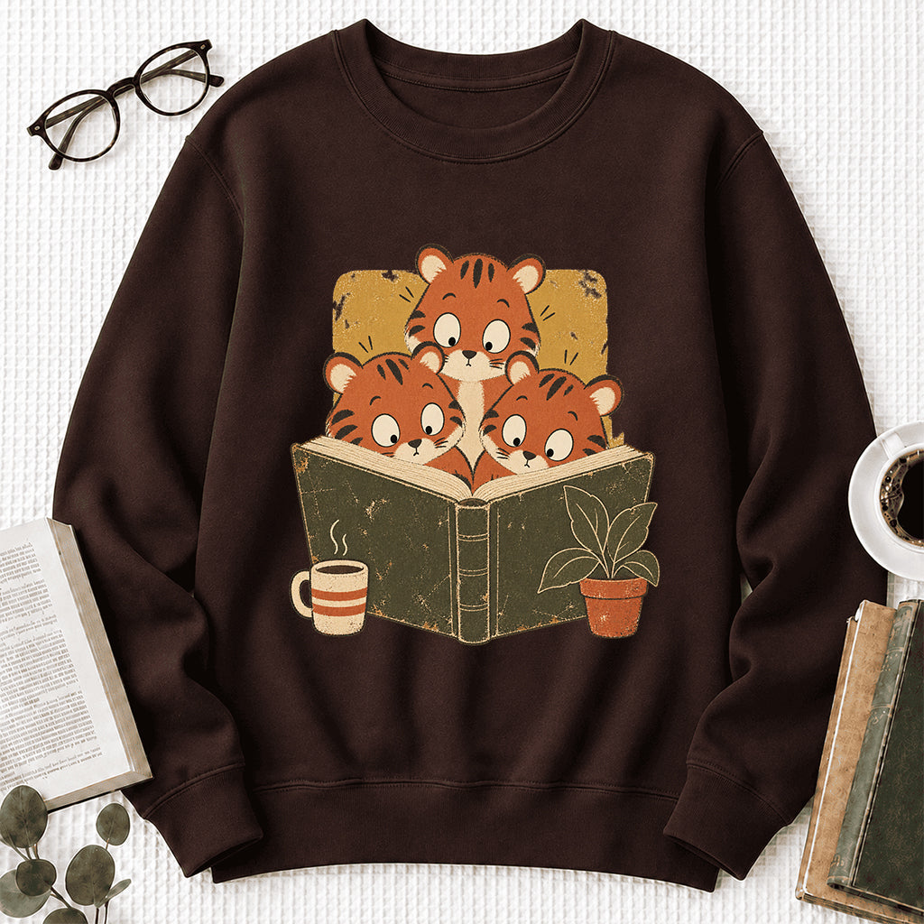 Minimal Japanese Tigers Reading Crewneck Sweatshirt | Reader Gift Dark Chocolate