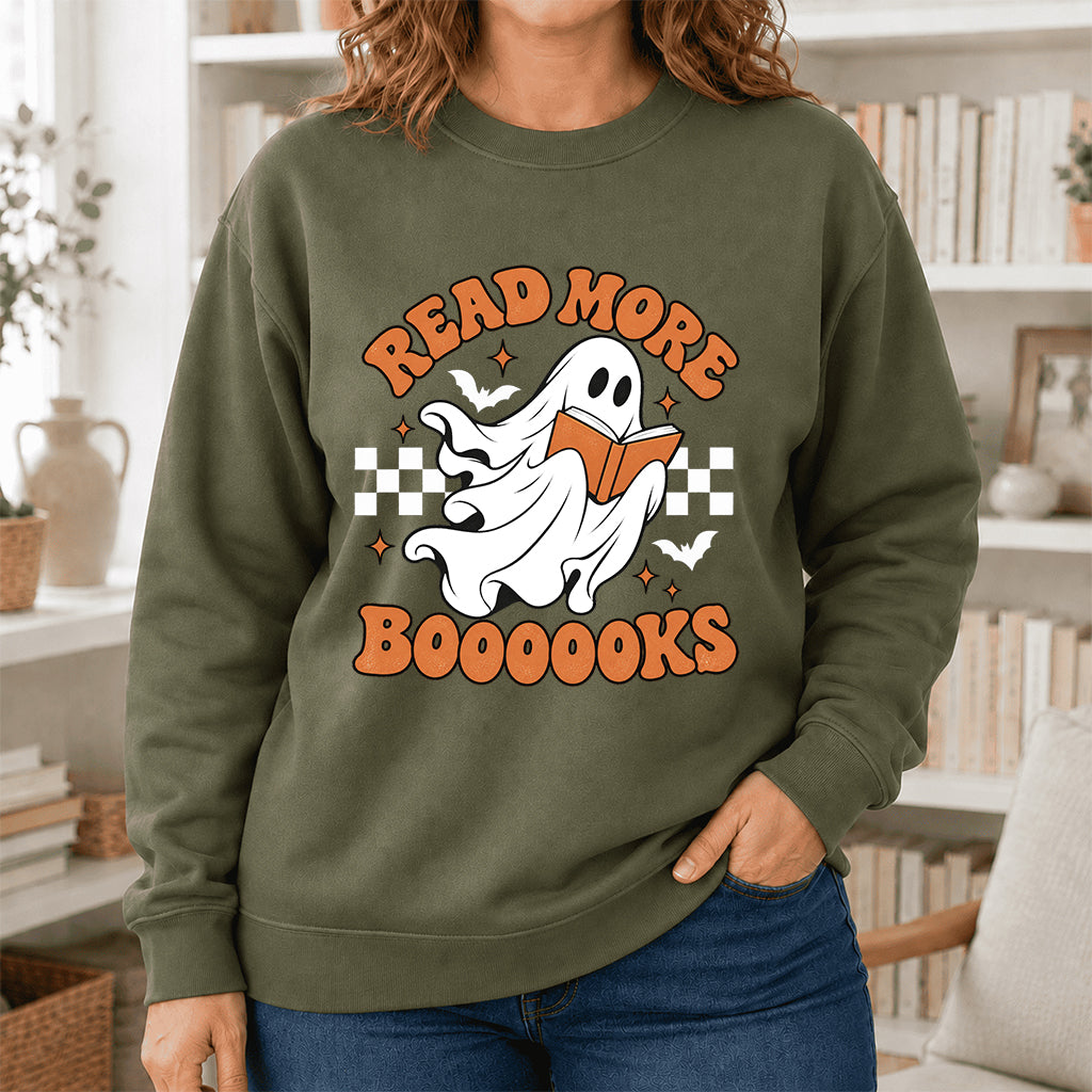 Read More Books Ghost Printed Sweatshirt | Halloween Book Lover Gift Military Green