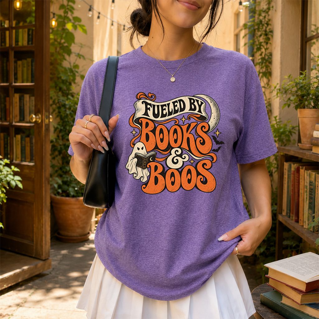 Fueled By Books & Boos Printed T-Shirt | Halloween Book Lover Gift Heather Purple