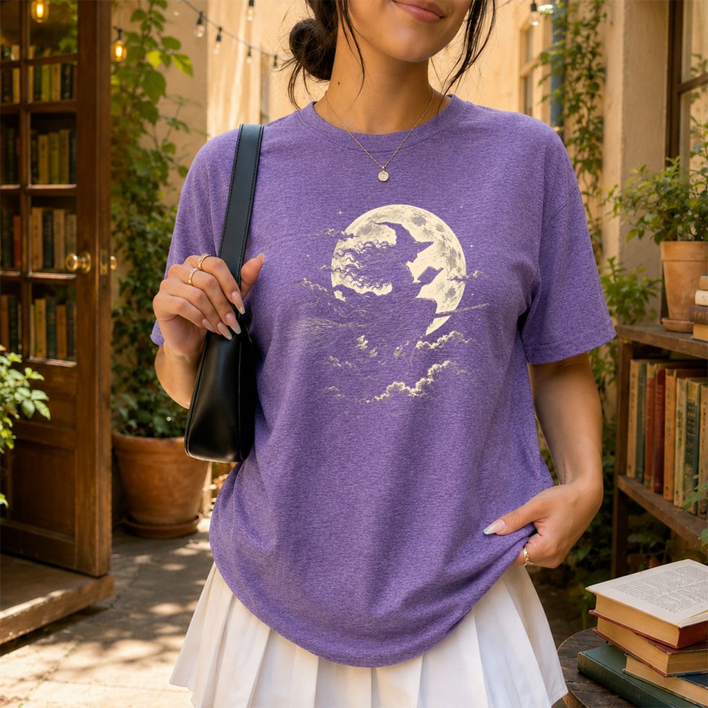 Reading Witch On The Flying Broom Printed T-Shirt | Halloween Book Lover Gift Heather Purple