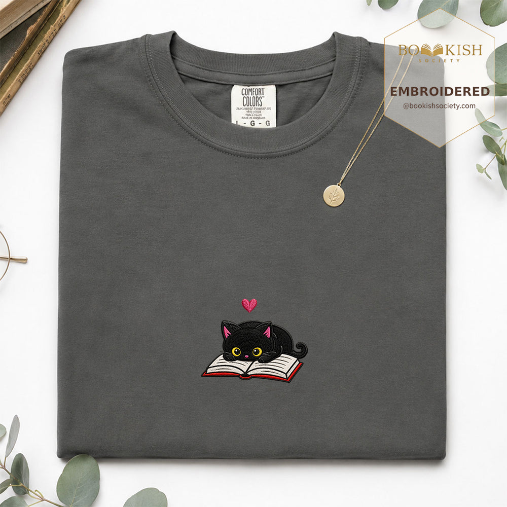 Embroidered Black Cat and Book Comfort Color® T-shirt Book Lover Gift Pepper
