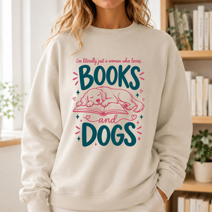Just A Woman Who Loves Books and Dogs Crewneck Sweatshirt |  Dog Lover & Reader Gift Sand