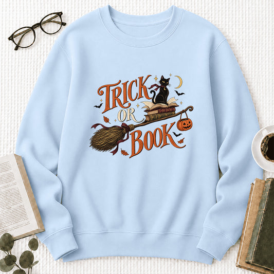 Trick Or Book Black Cat Crewneck Sweatshirt | Halloween Book Lover Gift Light Blue