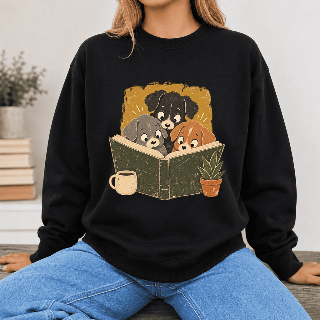 Minimal Japanese Dogs Reading Crewneck Sweatshirt | Reader Gift Black