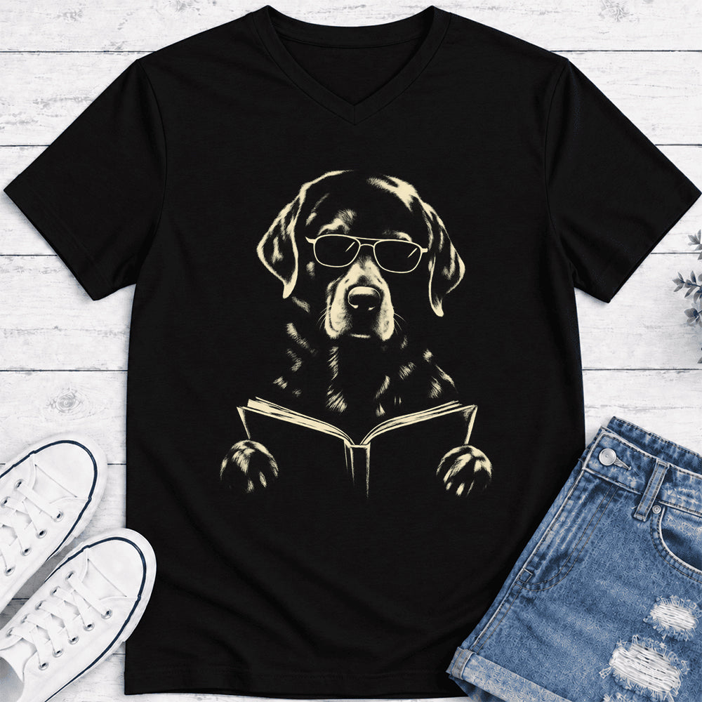 Labrador Retriever Reading Book Ultra-Soft V-Neck | Dog Mom Reader Gift Black