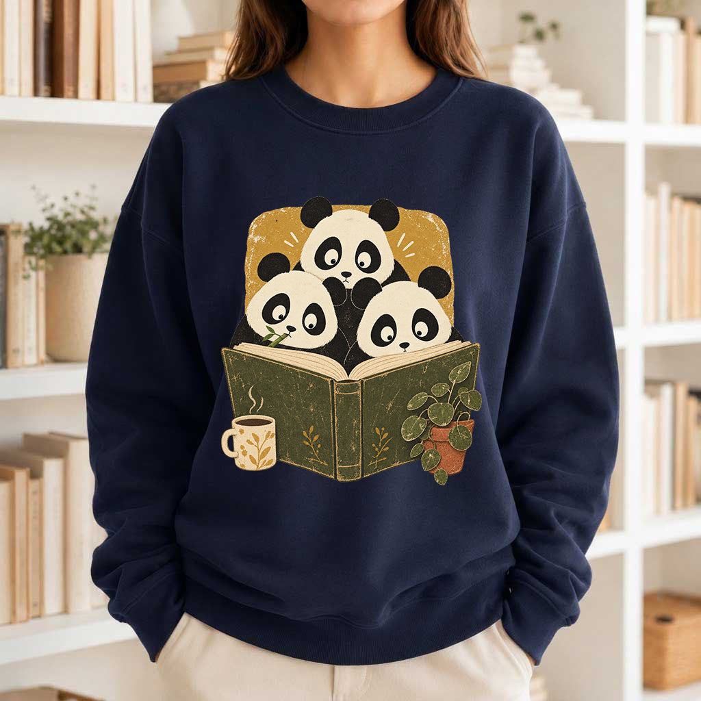 Curious Pandas Reading Crewneck Sweatshirt | Panda Lover & Reader Gift Navy