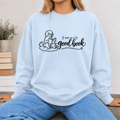 Lost In A Good Book Crewneck Sweatshirt | Dog Lover & Reader Gift Light Blue