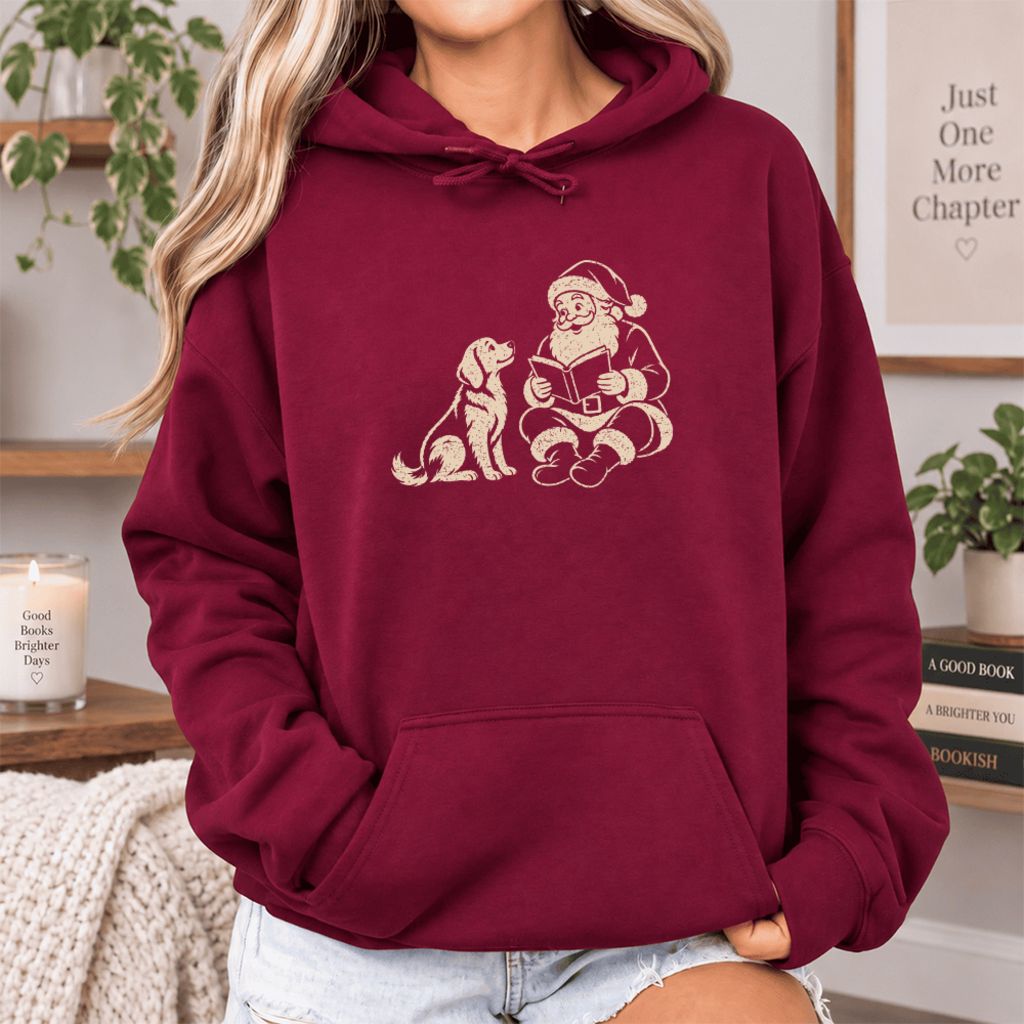 Funny Dog With Santa Christmas Softstyle Hoodie | Christmas Gift For Dog & Book Lover Maroon