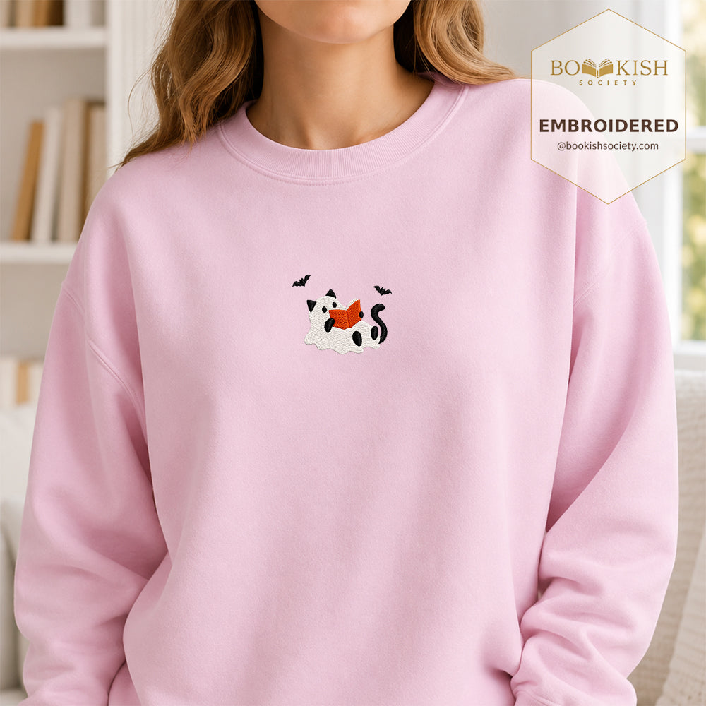 Reading Ghost Cat Embroidered Sweatshirt | Spooky Halloween Reader Gift Light Pink