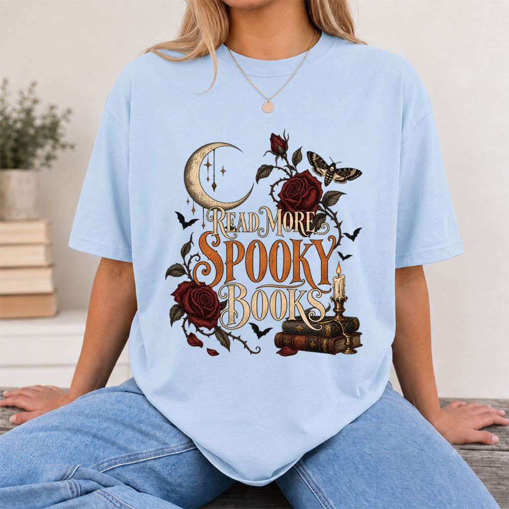 Read More Spooky Books Printed T-Shirt | Halloween Book Lover Gift Light Blue