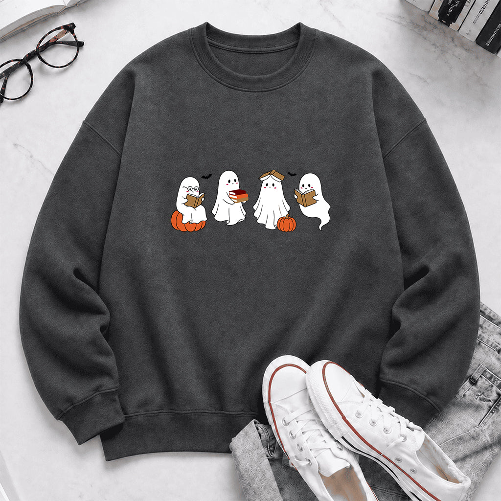 Halloween Ghosts Reading Printed Sweatshirt | Spooky Book Lover Gift Dark Heather
