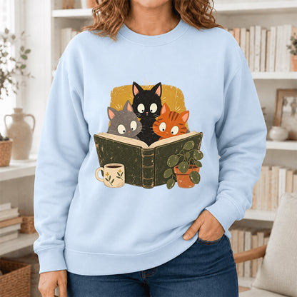 Minimal Japanese Cats Reading Crewneck Sweatshirt | Reader Gift Light Blue