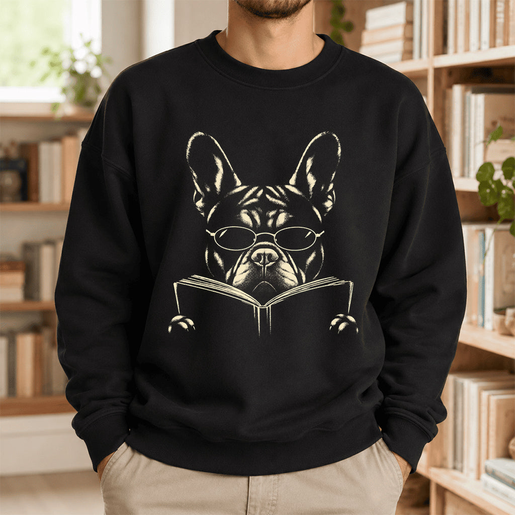 French Bulldog Reading Book Crewneck Sweatshirt | Reader Gift Black