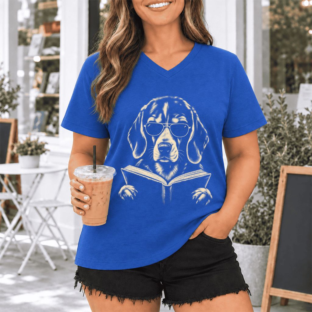 Beagle Reading Book Ultra-Soft V-Neck | Dog Mom Reader Gift True Royal