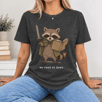 We Read At Dawn Funny Racoon Ultra-Soft Cotton T-Shirt | Playful Reader Gift Dark Grey Heather