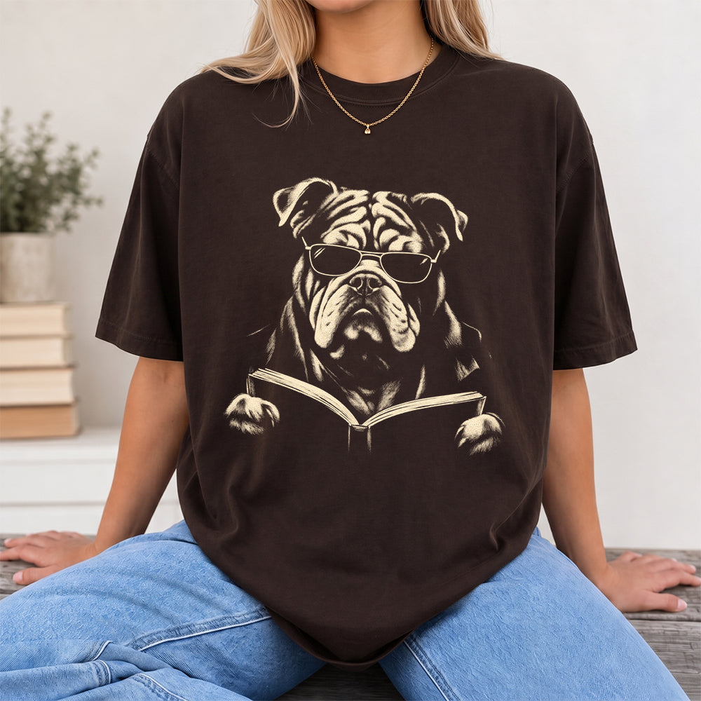 Bulldog Reading Book Softstyle T-Shirt | Book Lover Gift Dark Chocolate