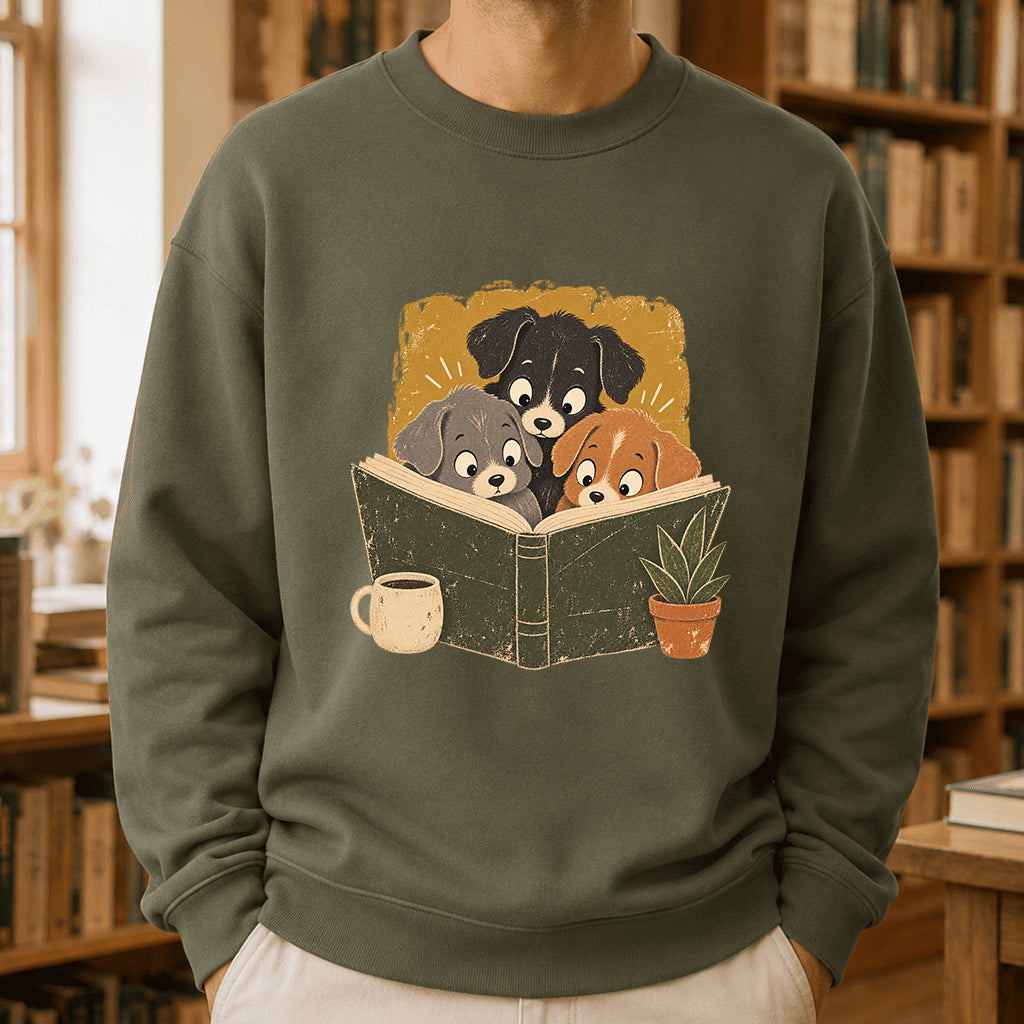 Minimal Japanese Dogs Reading Crewneck Sweatshirt | Reader Gift Military Green