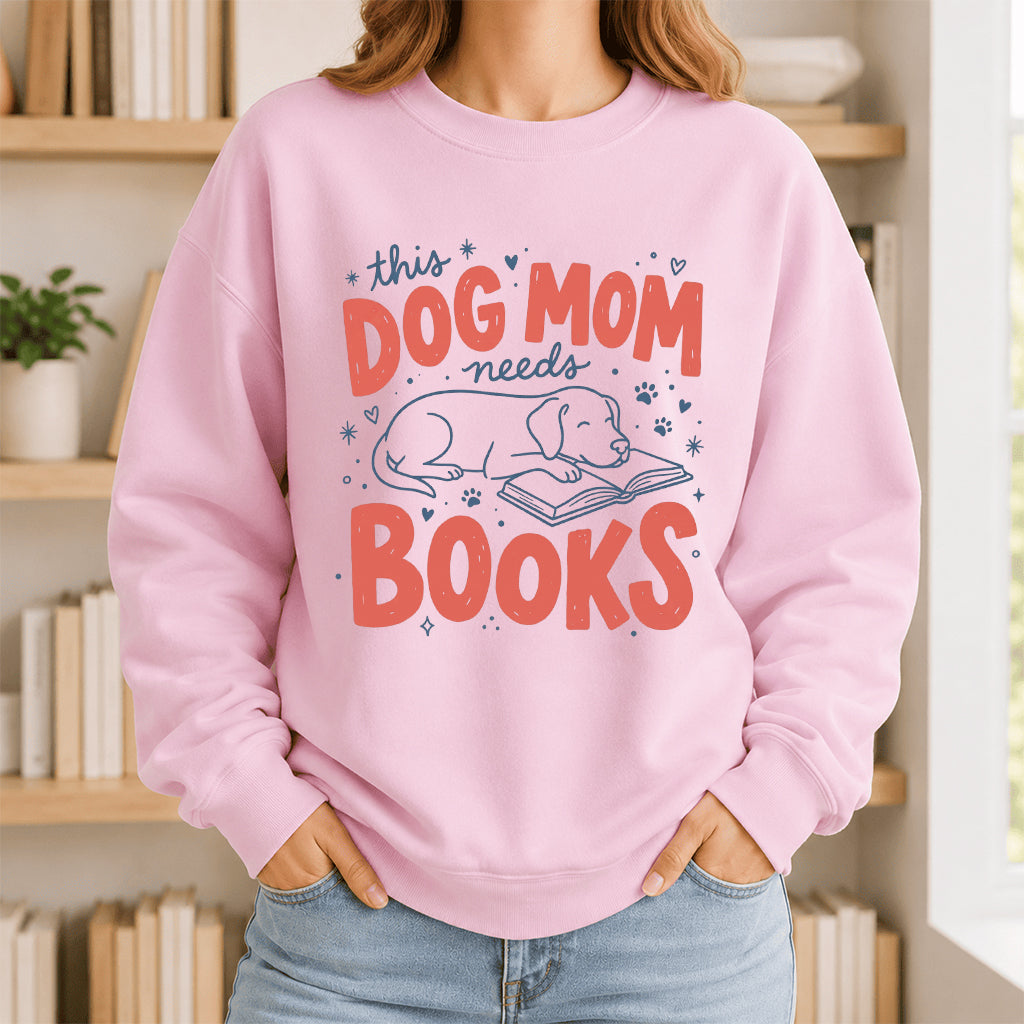 This Dog Mom Needs Books Crewneck Sweatshirt | Dog Lover & Reader Gift Light Pink
